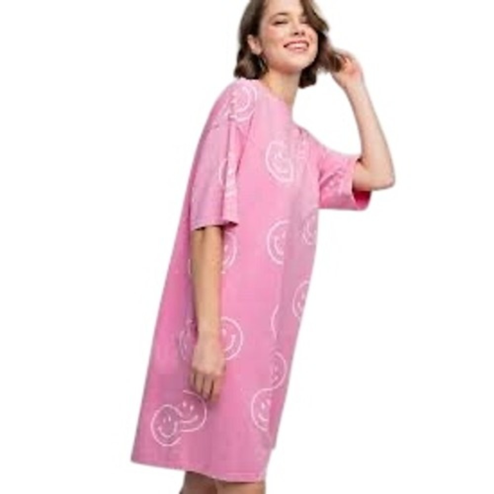 Easel Pink Acid Wash Smiley Face T-Shirt Dress Pockets Small ED18210